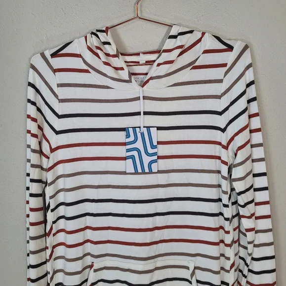 MARKET & SPRUCE Beige Striped Milania French Terry Curved Hem Hoodie Size M - Picture 2 of 12